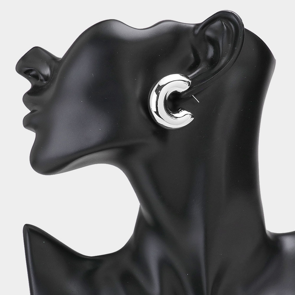 Silver Hoop Earrings 1.2" Casual Simple Thick Chunky Metal Womens Huggie